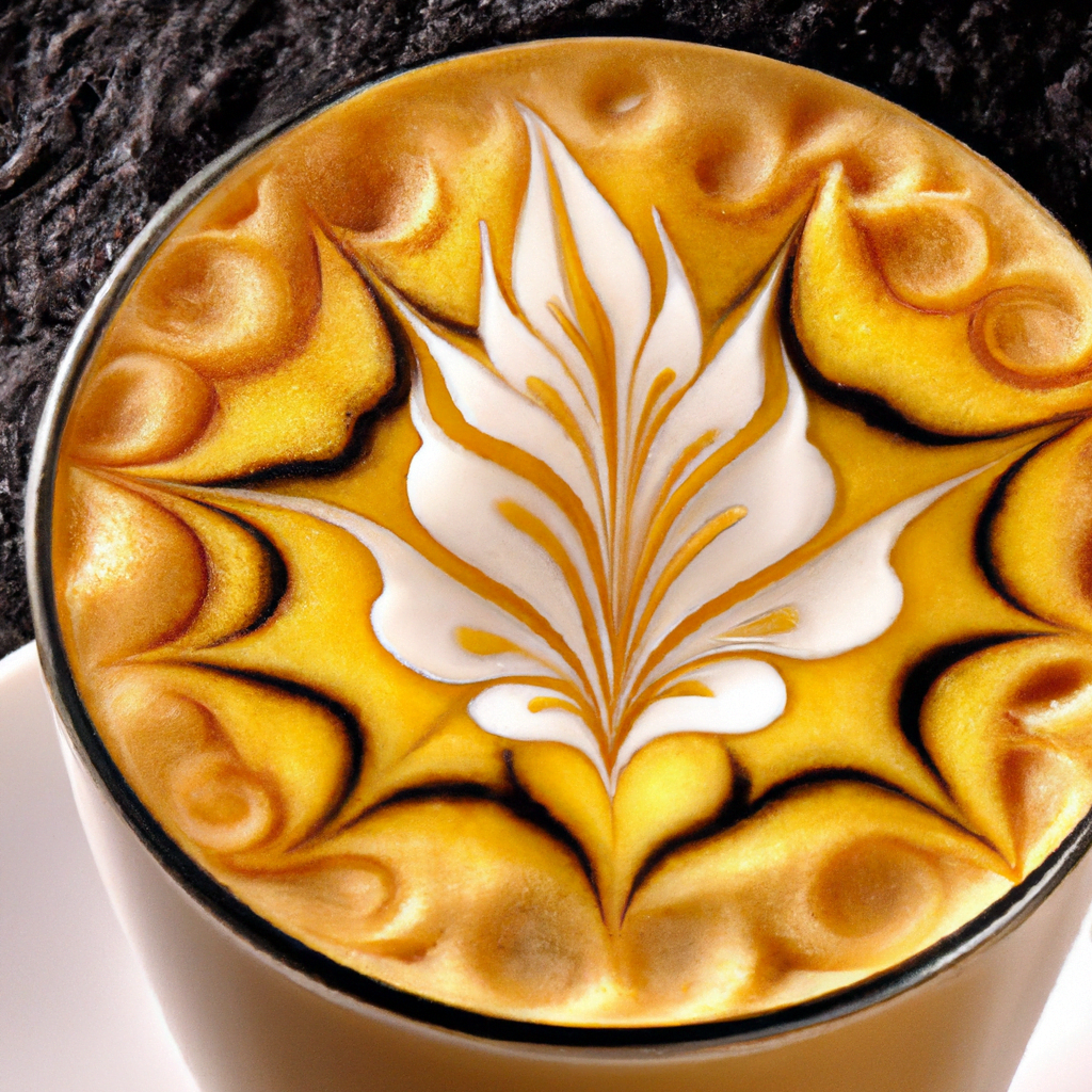 fotografia sobre arte latte para portada de una categoria en una pagina web sobre cafe expresso y utiliza mucho el color oro b89634 y en menor medida black 000000 y el blanco ffffff magazine