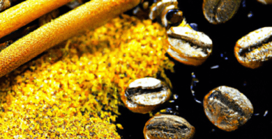 fotografia sobre cafe con especias de una maquina de cafe expresso para portada de una categoria en una pagina web sobre cafe expresso y utiliza mucho el color oro b89634 y en menor medida black 1