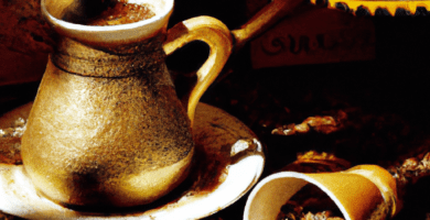 fotografia sobre cafe turco para portada de la categoria mantenimiento en una pagina web sobre cafe expresso y utiliza mucho el color oro b89634 y en menor medida black 000000 y el blanco ffff 3
