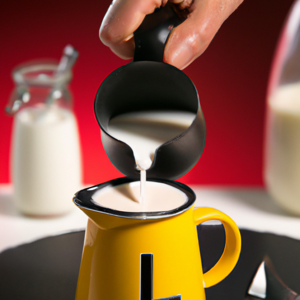 fotografia sobre como elegir la jarra para espumar la leche adecuada para tu maquina de cafe para portada de una categoria en una pagina web sobre cafe y cafe expresso y utiliza mucho el color