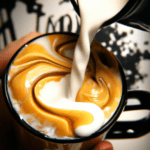 fotografia sobre como hacer latte art con tu jarra para espumar la leche para portada de una categoria en una pagina web sobre cafe y cafe expresso y utiliza mucho el color oro b89634 y en m