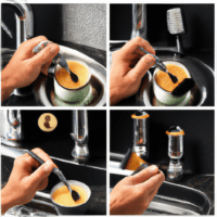 fotografia sobre como limpiar tu maquina de cafe expresso con los cepillos adecuados en 5 pasos para portada de una categoria en una pagina web sobre cafe y cafe expresso y utiliza mucho el color oro