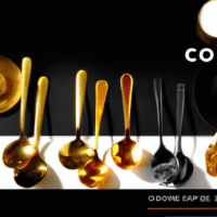 fotografia sobre como limpiar y mantener tus cucharas medidoras en optimas condiciones para portada de una categoria en una pagina web sobre cafe y cafe expresso y utiliza mucho el color oro 1