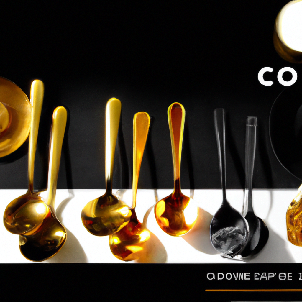 fotografia sobre como limpiar y mantener tus cucharas medidoras en optimas condiciones para portada de una categoria en una pagina web sobre cafe y cafe expresso y utiliza mucho el color oro 1