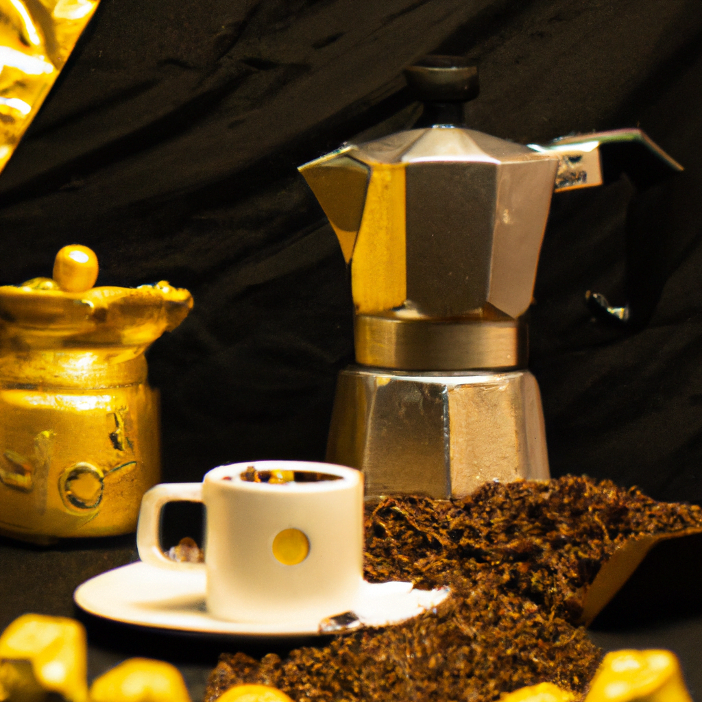 fotografia sobre como preparar el cafe perfecto con una cafetera moka de salud y beneficios para portada de una categoria en una pagina web sobre cafe y cafe expresso y utiliza mucho el color oro