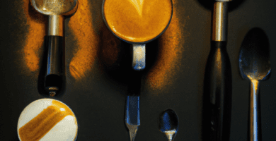 fotografia sobre herramientas y materiales de arte latte para portada de una categoria en una pagina web sobre cafe expresso y utiliza mucho el color oro b89634 y en menor medida black 000000 y 3