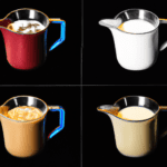 fotografia sobre jarras para espumar la leche cual es la mas versatil para portada de una categoria en una pagina web sobre cafe y cafe expresso y utiliza mucho el color oro b89634 y en men