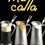 fotografia sobre jarras para espumar la leche de acero inoxidable o vidrio para portada de una categoria en una pagina web sobre cafe y cafe expresso y utiliza mucho el color oro b89634 y e