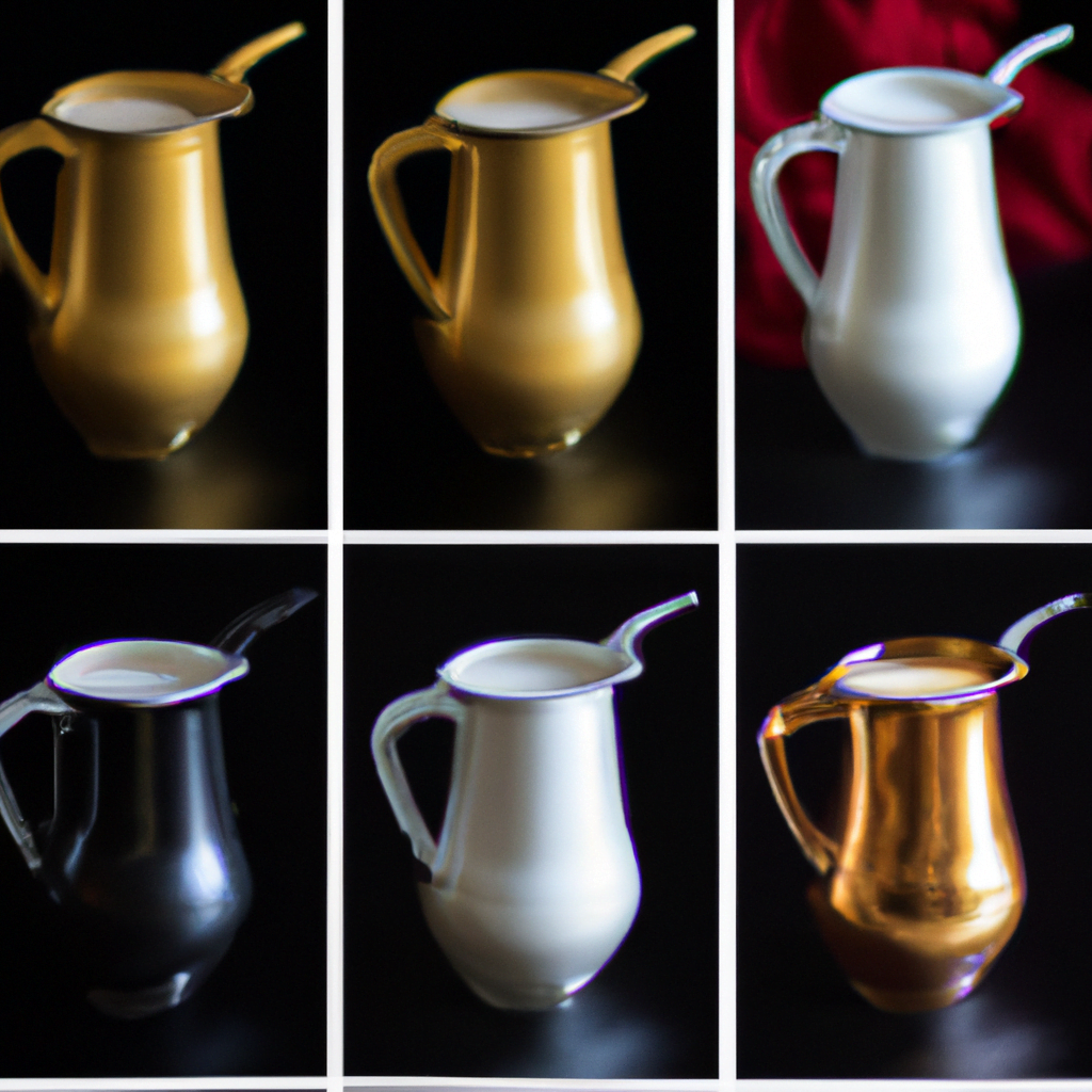 fotografia sobre jarras para espumar la leche son todas iguales para portada de una categoria en una pagina web sobre cafe y cafe expresso y utiliza mucho el color oro b89634 y en menor med