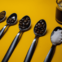 fotografia sobre la importancia de la calidad de las cucharas medidoras en tu cafe expresso para portada de una categoria en una pagina web sobre cafe y cafe expresso y utiliza mucho el color oro b8 1