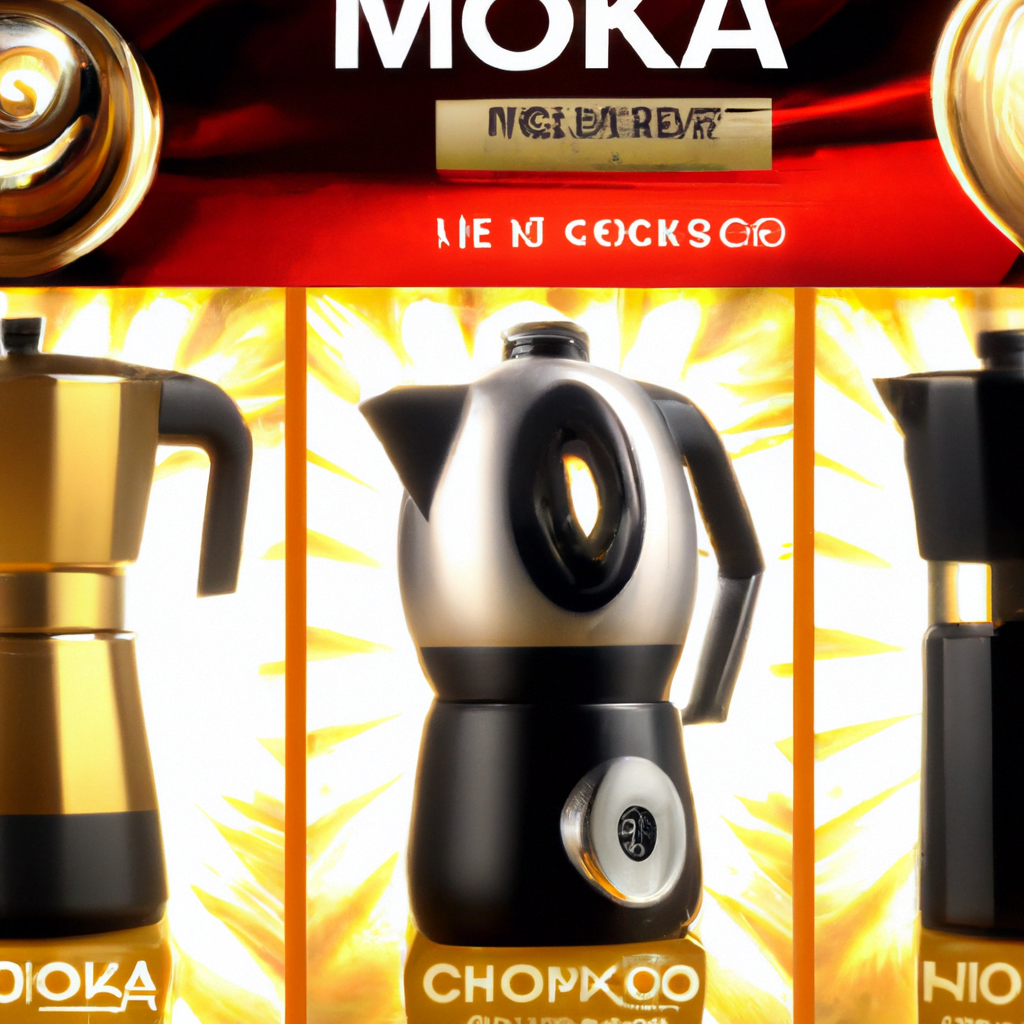 fotografia sobre las mejores marcas de cafeteras moka en el mercado de salud y beneficios para portada de una categoria en una pagina web sobre cafe y cafe expresso y utiliza mucho el color oro b8