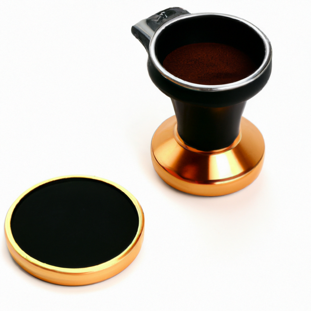 fotografia sobre los mejores tamper para tu maquina de cafe expresso para portada de una categoria en una pagina web sobre cafe y cafe expresso y utiliza mucho el color oro b89634 y en menor medida