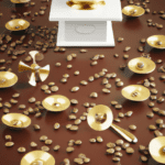 fotografia sobre molinillos de cafe como influye la cantidad de cafe en la molienda para portada de una categoria en una pagina web sobre cafe y cafe expresso y utiliza mucho el color oro b8