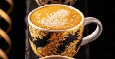 fotografia sobre tazas con diferentes patrones de arte latte de arte latte para portada de una categoria en una pagina web sobre cafe expresso y utiliza mucho el color oro b89634 y en menor medida