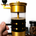 fotografia sobre aeropress la cafetera para los amantes del cafe suave para portada de una categoria en una pagina web sobre cafe y cafe expresso y utiliza mucho el color oro b89634 y en menor med
