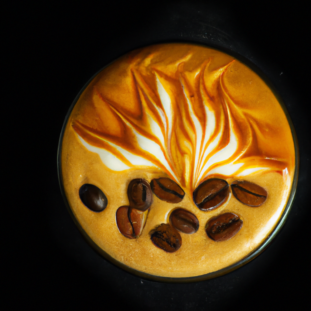 fotografia sobre arte latte de cafe espresso con leche de almendras para portada de una categoria en una pagina web sobre cafe y cafe expresso y utiliza mucho el color oro b89634 y en menor medida