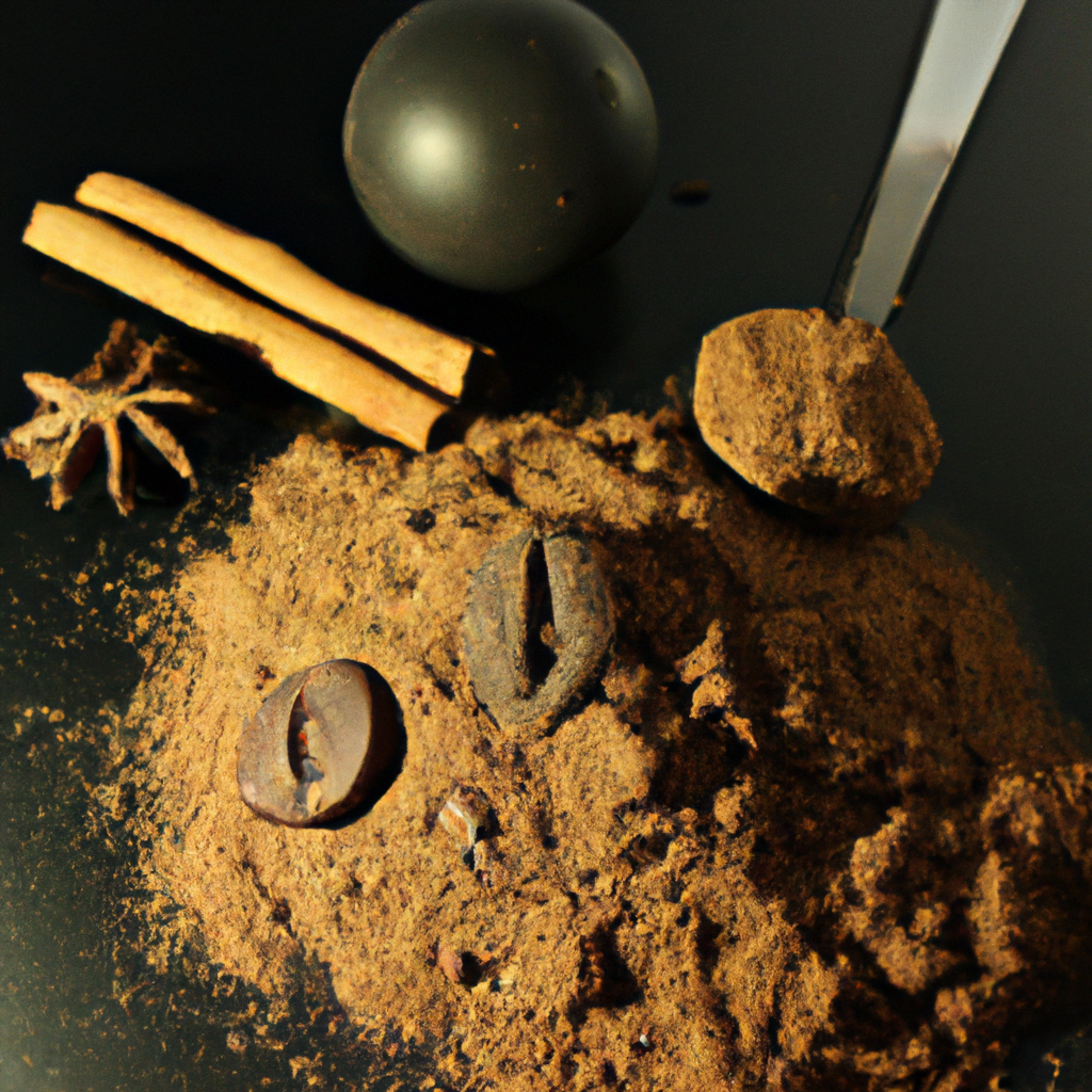 fotografia sobre cafe con especias de cacao y almendra una opcion saludable y nutritiva para portada de una categoria en una pagina web sobre cafe y cafe expresso y utiliza mucho el color oro b8963