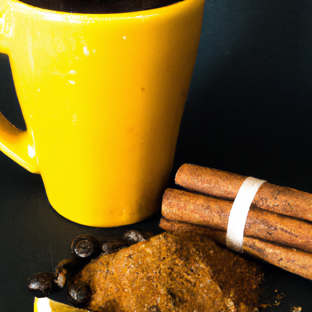 fotografia sobre cafe con especias de canela y jengibre una opcion picante y revitalizante para portada de una categoria en una pagina web sobre cafe y cafe expresso y utiliza mucho el color oro b8