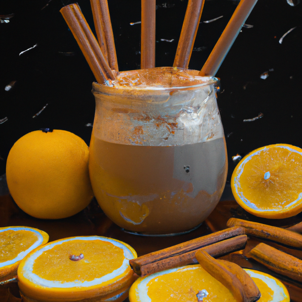 fotografia sobre cafe con especias de canela y naranja una bebida citrica y refrescante para portada de una categoria en una pagina web sobre cafe y cafe expresso y utiliza mucho el color oro b8963
