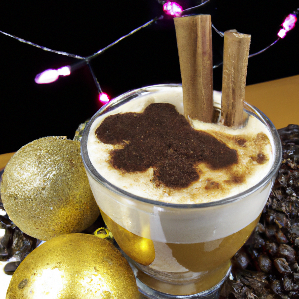 fotografia sobre cafe con especias de navidad una bebida festiva para disfrutar en familia para portada de una categoria en una pagina web sobre cafe y cafe expresso y utiliza mucho el color oro b8
