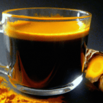 fotografia sobre cafe expresso con curcuma una alternativa saludable para combatir la inflamacion para portada de una categoria en una pagina web sobre cafe y cafe expresso y utiliza mucho el color o