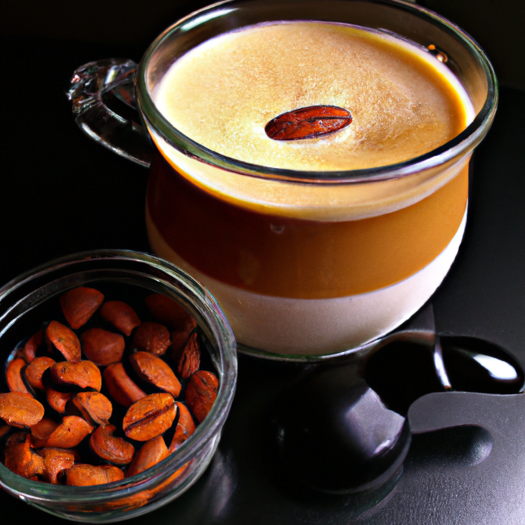 fotografia sobre cafe expresso con leche de almendras una alternativa saludable y deliciosa para portada de una categoria en una pagina web sobre cafe y cafe expresso y utiliza mucho el color oro b