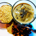 fotografia sobre cafe expresso con leche de avena una opcion vegana y saludable para portada de una categoria en una pagina web sobre cafe y cafe expresso y utiliza mucho el color oro b89634 y en