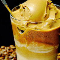 fotografia sobre cafe expresso y helado una combinacion refrescante para portada de una categoria en una pagina web sobre cafe y cafe expresso y utiliza mucho el color oro b89634 y en menor medida