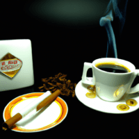 fotografia sobre cafe expresso y tabaco una combinacion para los amantes del sabor intenso para portada de una categoria en una pagina web sobre cafe y cafe expresso y utiliza mucho el color oro b8