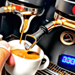 fotografia sobre como detectar problemas en tu maquina de cafe expresso durante la inspeccion para portada de una categoria en una pagina web sobre cafe y cafe expresso y utiliza mucho el color oro