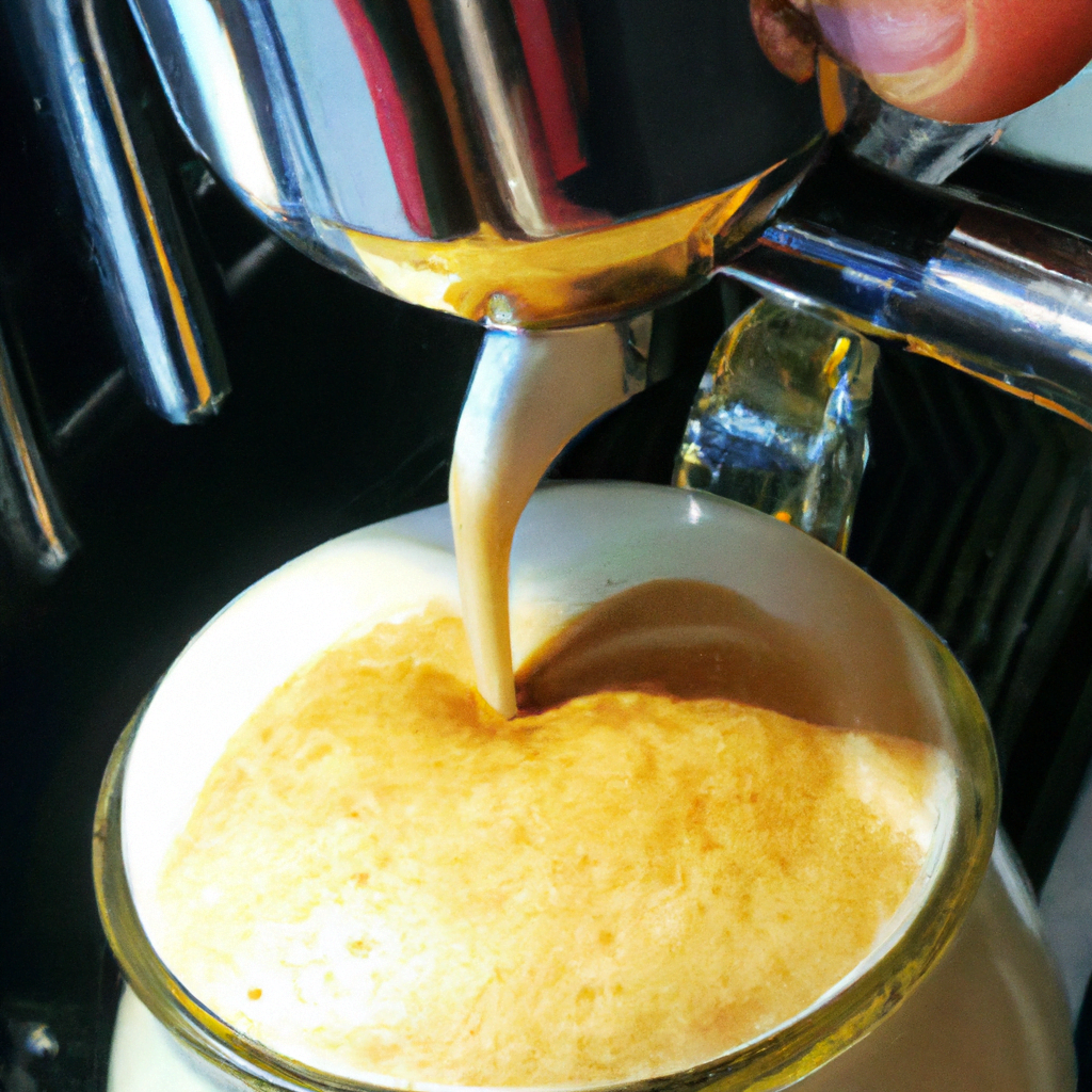 fotografia sobre como hacer arte latte con una maquina de cafe expresso automatica para portada de una categoria en una pagina web sobre cafe y cafe expresso y utiliza mucho el color oro b89634 y e