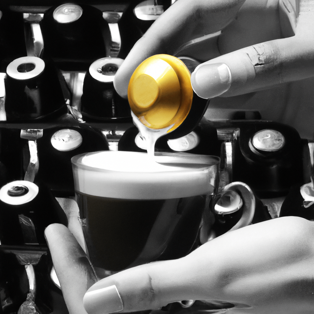 fotografia sobre como hacer arte latte con una maquina de cafe expresso de capsulas para portada de una categoria en una pagina web sobre cafe y cafe expresso y utiliza mucho el color oro b89634 y