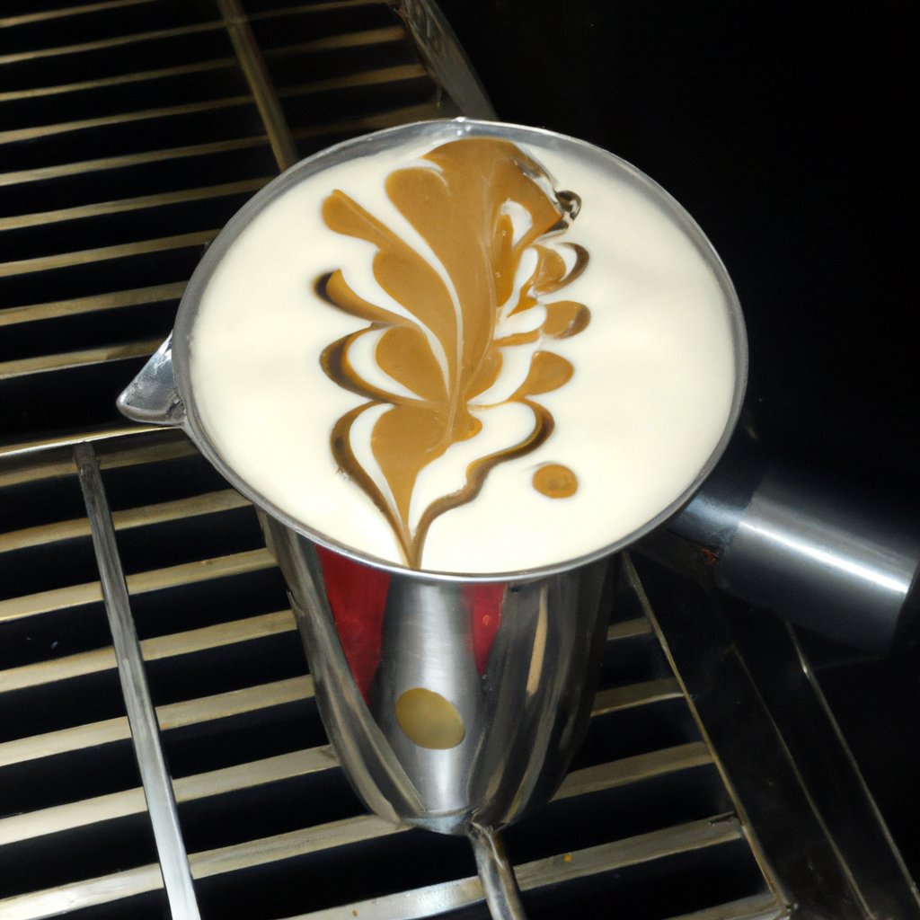 fotografia sobre como hacer arte latte con una maquina de cafe expresso de doble caldera para portada de una categoria en una pagina web sobre cafe y cafe expresso y utiliza mucho el color oro b8963