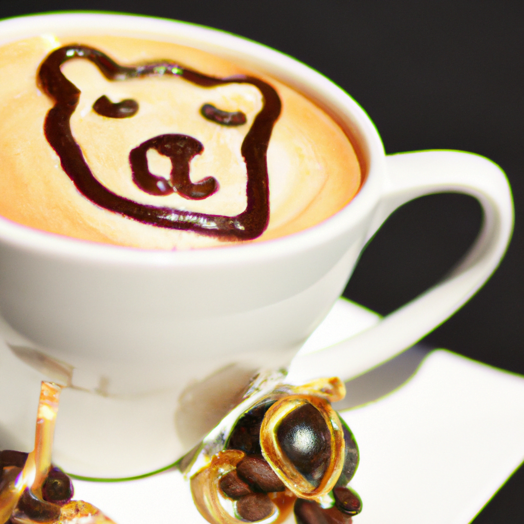 fotografia sobre como hacer un oso en tu cafe con arte latte para portada de una categoria en una pagina web sobre cafe y cafe expresso y utiliza mucho el color oro b89634 y en menor medida el colo