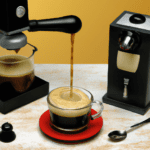 fotografia sobre como preparar cafe con crema con una cafetera prensa francesa para portada de una categoria en una pagina web sobre cafe y cafe expresso y utiliza mucho el color oro b89634