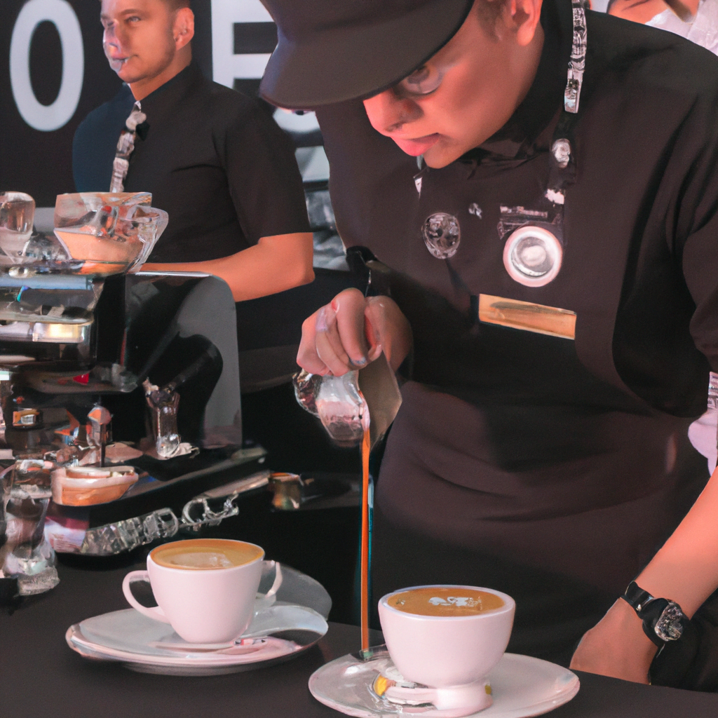 fotografia sobre conoce a los baristas mas talentosos en los festivales de cafe expresso para portada de una categoria en una pagina web sobre cafe y cafe expresso y utiliza mucho el color oro b8963