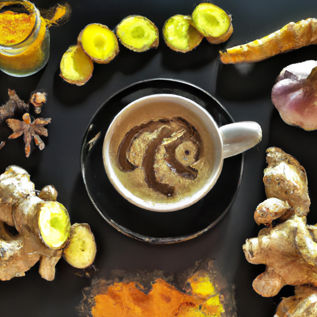 fotografia sobre descubre como preparar un cafe con especias de jengibre y curcuma en casa para portada de una categoria en una pagina web sobre cafe y cafe expresso y utiliza mucho el color oro b89