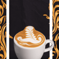 fotografia sobre el arte latte como forma de relajacion y meditacion para portada de una categoria en una pagina web sobre cafe y cafe expresso y utiliza mucho el color oro b89634 y en menor medida