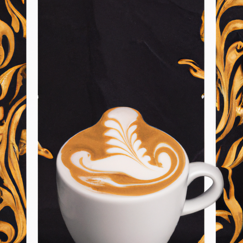 fotografia sobre el arte latte como forma de relajacion y meditacion para portada de una categoria en una pagina web sobre cafe y cafe expresso y utiliza mucho el color oro b89634 y en menor medida