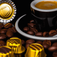 fotografia sobre el espresso y su maridaje con chocolates para portada de una categoria en una pagina web sobre cafe y cafe expresso y utiliza mucho el color oro b89634 y en menor medida el color b