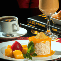 fotografia sobre el espresso y su maridaje con postres de frutas para portada de una categoria en una pagina web sobre cafe y cafe expresso y utiliza mucho el color oro b89634 y en menor medida el