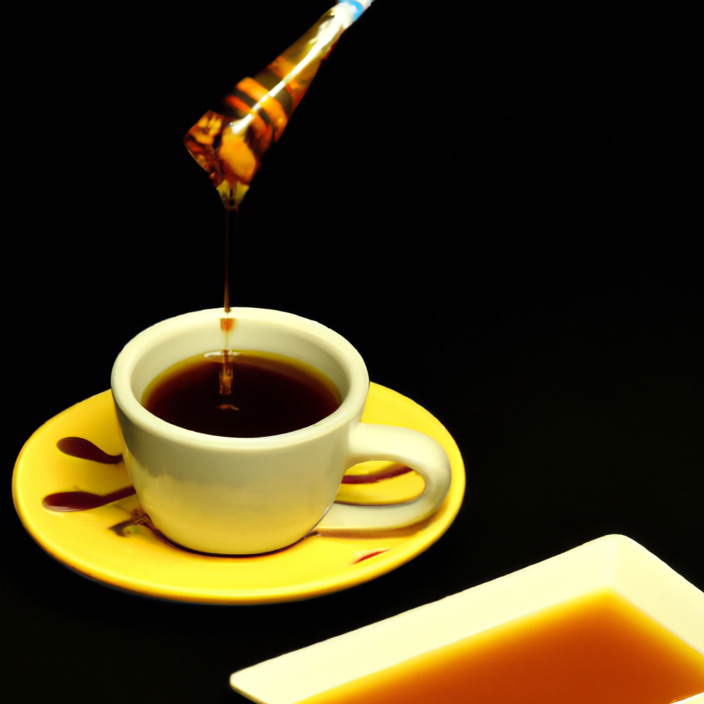 fotografia sobre el toque dulce del cafe con vainilla y miel para portada de una categoria en una pagina web sobre cafe y cafe expresso y utiliza mucho el color oro b89634 y en menor medida el colo