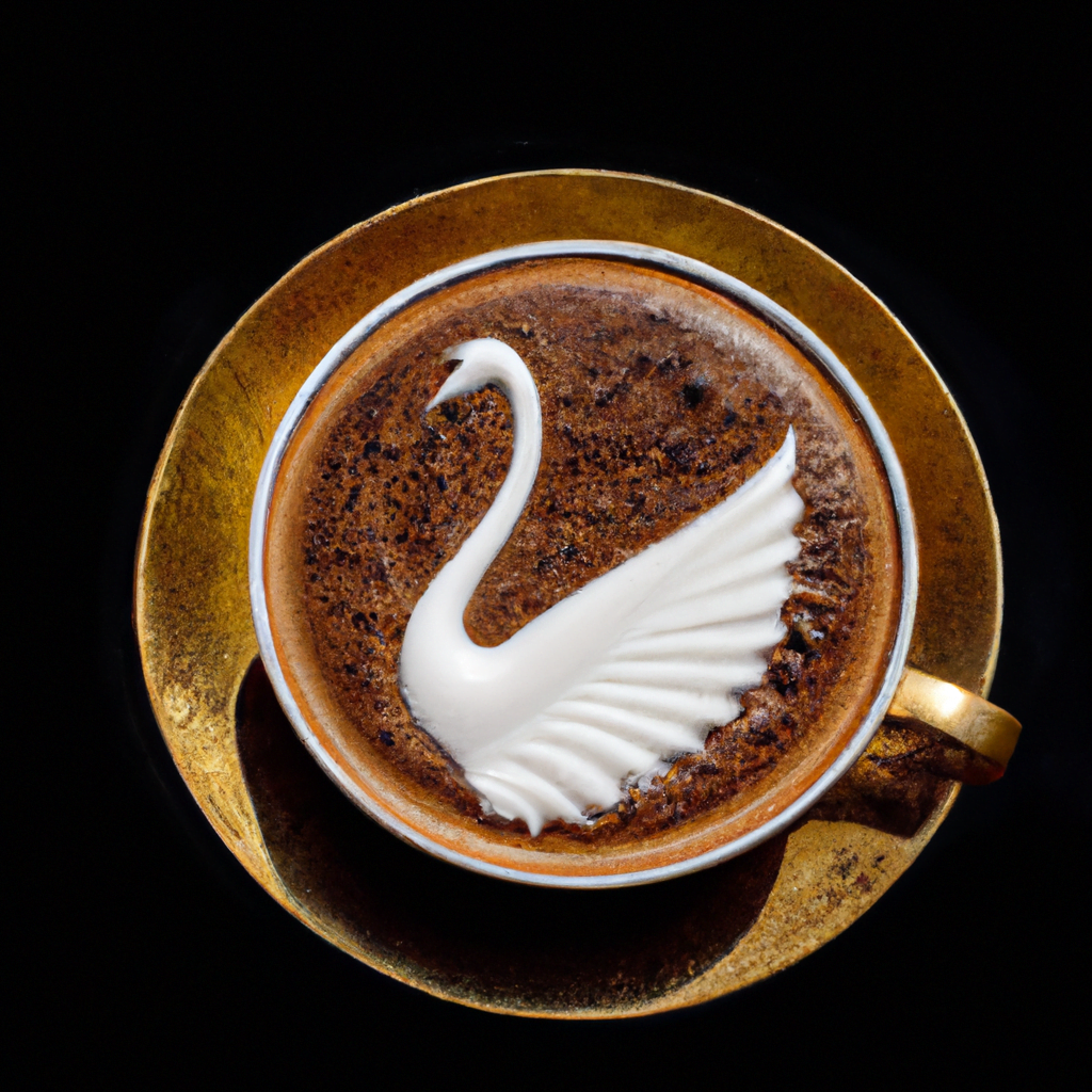 fotografia sobre hacer un cisne en tu cafe con arte latte para portada de una categoria en una pagina web sobre cafe y cafe expresso y utiliza mucho el color oro b89634 y en menor medida el color b
