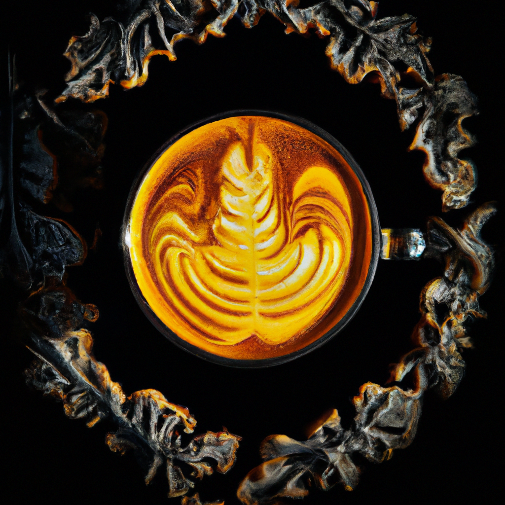 fotografia sobre hacer un rosetta en tu cafe con arte latte para portada de una categoria en una pagina web sobre cafe y cafe expresso y utiliza mucho el color oro b89634 y en menor medida el color