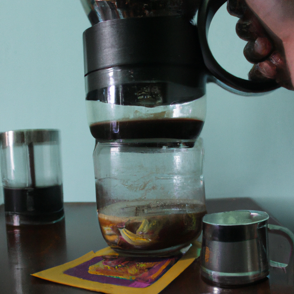 fotografia sobre la aeropress la cafetera para los que buscan un cafe con sabor intenso para portada de una categoria en una pagina web sobre cafe y cafe expresso y utiliza mucho el color oro b8963