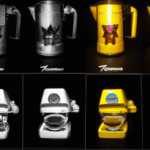 fotografia sobre la evolucion de las maquinas de cafe expresso a lo largo del tiempo para portada de una categoria en una pagina web sobre cafe y cafe expresso y utiliza mucho el color oro b89634 y