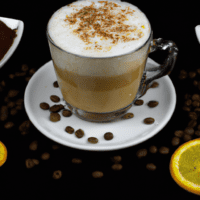 fotografia sobre la historia del cafe cappuccino para portada de una categoria en una pagina web sobre cafe y cafe expresso y utiliza mucho el color oro b89634 y en menor medida el color black 00