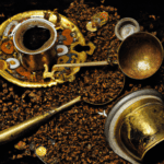 fotografia sobre la historia del cafe turco para portada de una categoria en una pagina web sobre cafe y cafe expresso y utiliza mucho el color oro b89634 y en menor medida el color black 000000