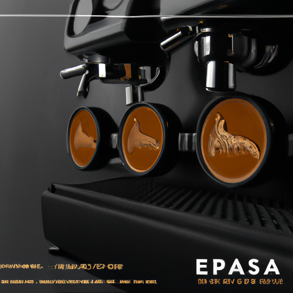 fotografia sobre las maquinas de cafe expresso mas avanzadas para el arte latte profesional para portada de una categoria en una pagina web sobre cafe y cafe expresso y utiliza mucho el color oro b8