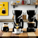 fotografia sobre las mejores cafeteras para preparar un americano perfecto para portada de una categoria en una pagina web sobre cafe y cafe expresso y utiliza mucho el color oro b89634 y en menor